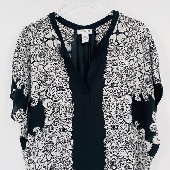 Carmen Marc Valvo Size Medium Black & White Printed V Neck Kimono Style Blouse - Picture 2 of 9